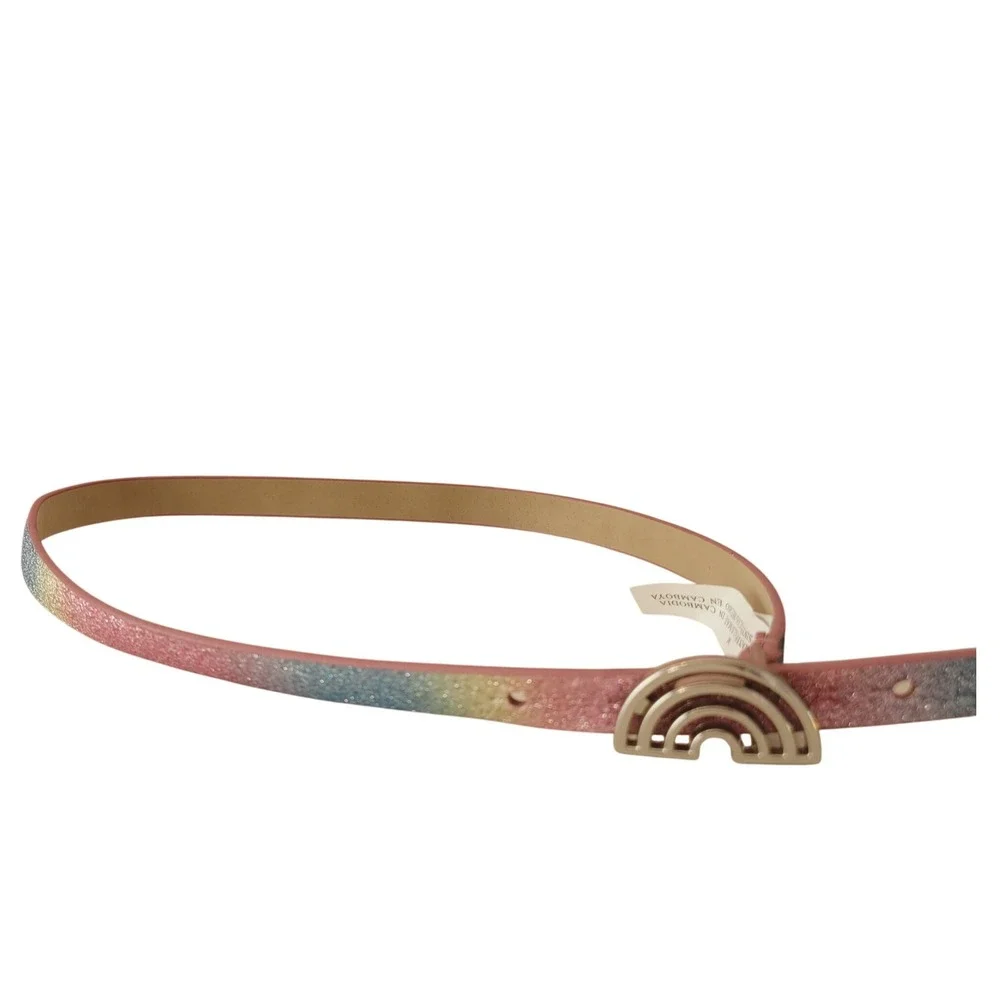 Target Girls Rainbow Glitter Skinny Belt Gold Rainbow Buckle Medium NWOT Sparkle